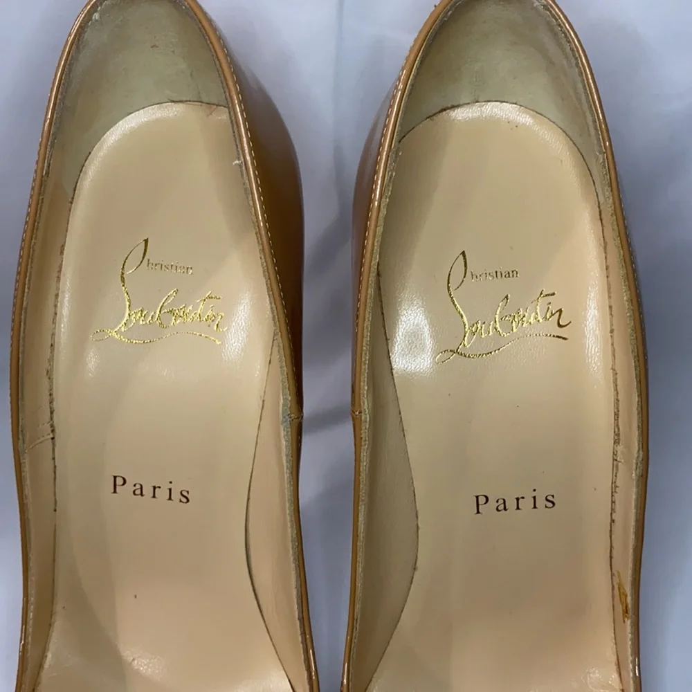 Christian Louboutin Tan Patent Leather Pointed-Toe Pumps